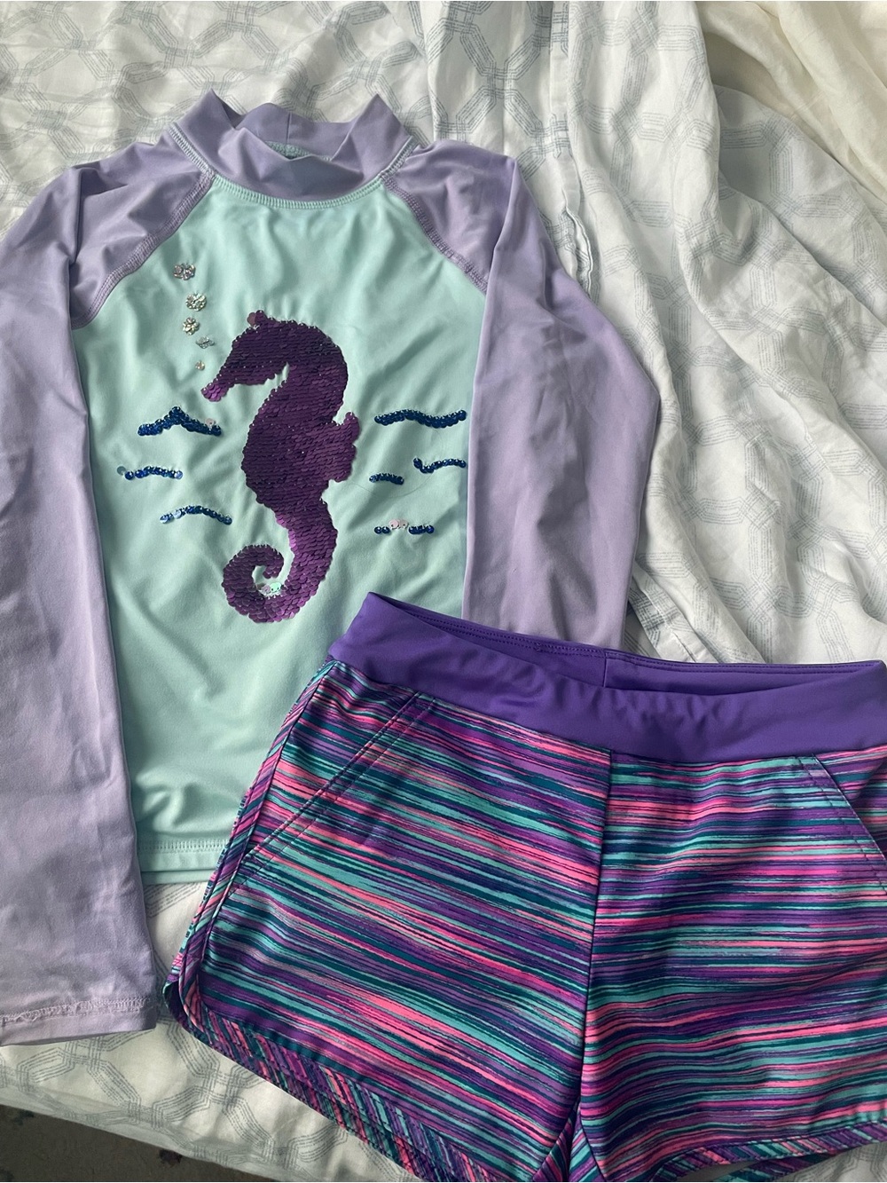 Lands' End Purple & Aqua Seahorse Rashguard and Swimshorts